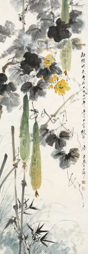 唐云（1910～1993） 丝瓜竹雀 屏轴 设色纸本