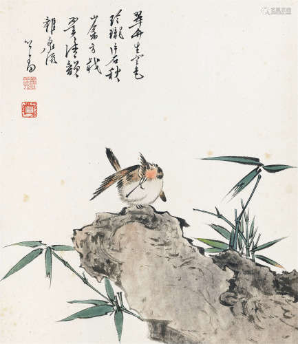 溥儒（1896～1963） 竹石小鸟 立轴 设色纸本
