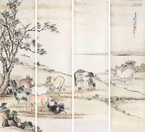 李养源（1888～1968） 洗马图 （四张） 单片通景 设色纸本