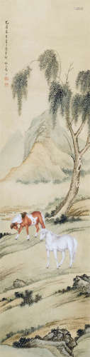马晋（1900～1970） 春郊双骏图 屏轴 设色纸本