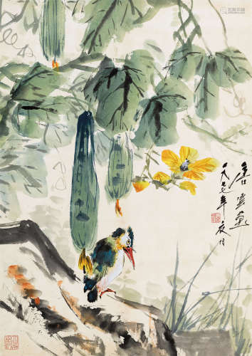 唐云（1910～1993） 丝瓜翠鸟 立轴 设色纸本