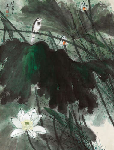谢稚柳（1910～1997） 荷花翠鸟 立轴 设色纸本
