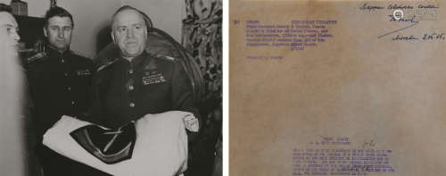 朱可夫（1896～1974） 1965年作 朱可夫亲笔签名二战期间美军拍摄的官方合影