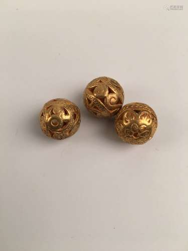 Three Pieces Chines Gilt Bronze Beads