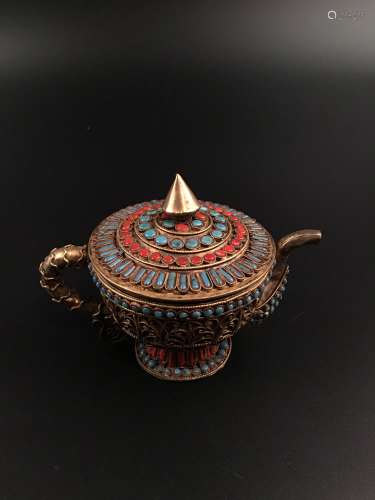 Chinese Old Tea Cup with Red Coral and Turquoise