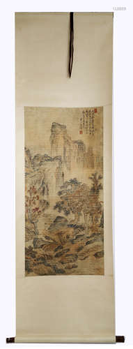 SIGNED CHEN HONGSHOU. A INK AND COLOR ON PAPER HANGING SCROLL.H520.