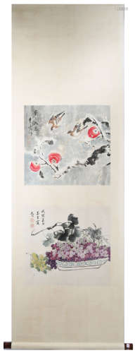 SIGNED WU QINGLU.A INK AND COLOR ON PAPER HANGING SCROLL PAINTING. H201.