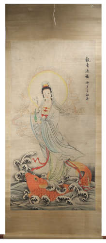 TTRIBUTED AND SIGNED ZI JING. A INK AND COLOR ON PAPER HANGING SCROLL PAINTING. H199.