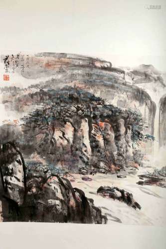 SIGNED HUANG TANG (1937- ). A INK AND COLOR ON PAPER HANGING SCROLL PAINTING. H272.