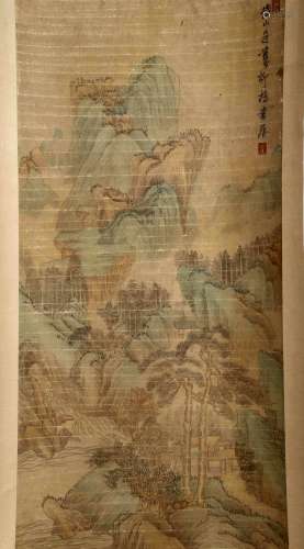 SIGNED CHEN HONGSHOU. A INK AND COLOR ON PAPER HANGING SCROLL.H278.