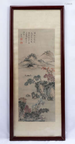ATTRIBUTED AND SIGNED FU RU (1896-1963). A INK AND COLOR ON SILK HANGING FRAMED PAINTING. H170.