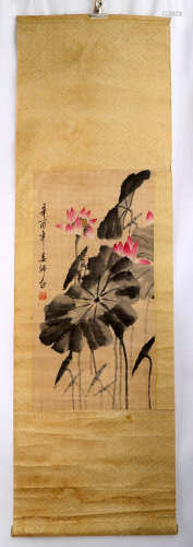 SIGNED LOU SHIBAI (1918-2010). A INK AND COLOR ON PAPER HANGING SCROLL PAINTING.H502.
