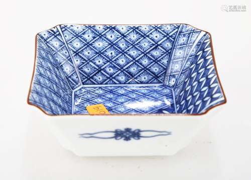 A JAPANESE BLUE AND WHITE PORCELAIN SQUARE PLATE.THE BASE MARKED WITH KU SAN YAO BLUE THREE CHARACTERS.C299.