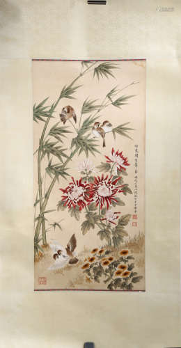 SIGNED XIU BANGDA (1911-2012). A INK AND COLOR ON PAPER HANGING SCROLL PAINTING. H232.