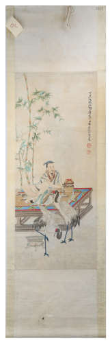 SIGNED RENG ZHONG. A INK AND COLOR ON PAPER HANGING SCROLL PAINTING. H212.