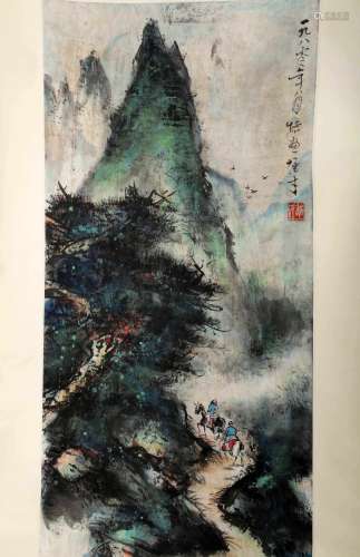 SIGNED LI XIONGCAI (1910-2001). A INK AND COLOR ON PAPER HANGING SCROLL PAINTING. H275.