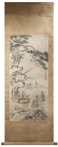 SIGNED WU XIZAI (1799-1870).A INK AND COLOR ON PAPER HANGING SCROLL PAINTING. H204.