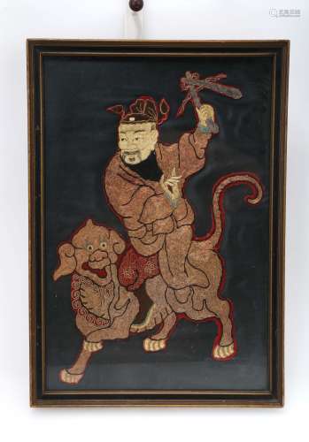 A CHINESE SILK & GOLD THREAD EMBROIDERY PANEL.H175.