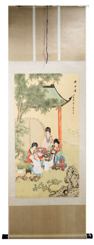 SIGNED LUO HE. A INK AND COLOR ON SILK HANGING SCROLL PAINTING. H189.