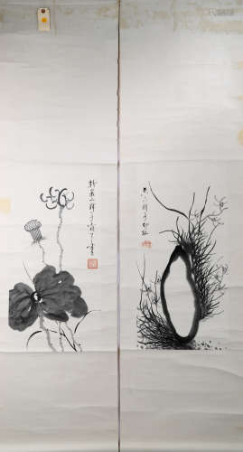 (2)  SIGNED ESHAN SHIZI.A PAIR OF INK AND COLOR ON PAPER HANGING SCROLL PAINTINGS. H221.