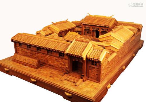 A CHINESE LARGE BEIJING QUADRANGLE COURTYARD OAK WOOD MODEL MAKE USE OF CHINESE MORTISE AND TENON JOINT STRUCTURE.