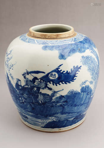 A BLUE AND WHITE FIGHTING SOLDIERS JAR.