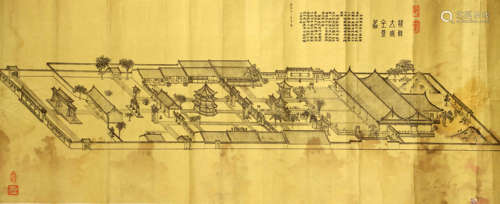 A QING DYNASTY TAOIST TEMPLE MAP ON PAPER HANGING PRINTING IN THE 1980S.H257.