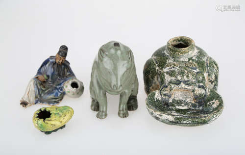 GROUP OF FOUR CHINESE CERAMIC ORNAMENTS, MOULDED CERAMIC FORMS, AND A LOTUS DROPPER. C227.