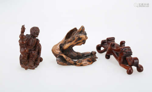(3)  THREE PIECES CHINESE WOOD CARVINGS ON STAND.M024.