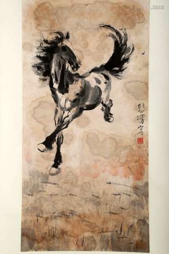 SIGNED XUE BEIHONG (1895-1953). A INK AND COLOR ON PAPER HANGING SCROLL PAINTING. H258.