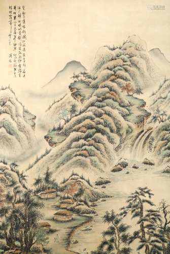 SIGNED PU RU (1896-1963).A INK AND COLOR ON SILK HANGING SCROLL PAINTING. H206.