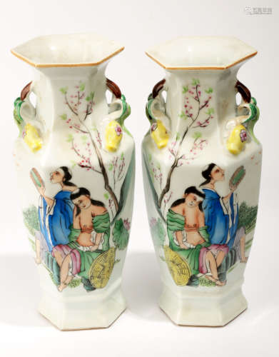(2) A PAIR OF FAMILLE ROSE GODS OF HE-HE OCTAGONAL