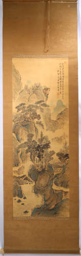 SIGNED TIAN ?. A INK AND COLOR ON SILK HANGING SCROLL PAINTING. H222.