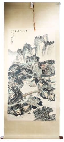 SIGNED HUANG JUNBI (1898-1991).A INK AND COLOR ON PAPER HANGING SCROLL PAINTING. H205.