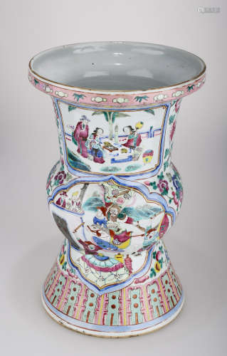 A KWON-GLAZED PORCELAIN MANDARIN GU-FORM VASE WITH COURT SCENE VIGNETTES. C223.