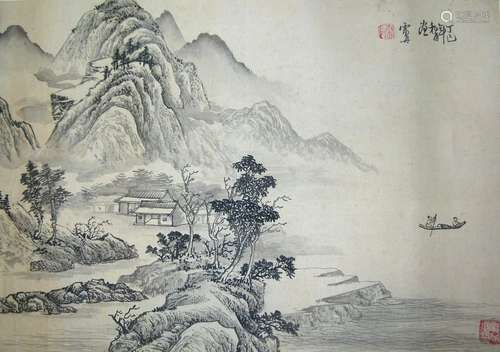 SIGNED LEI DAN.A QING DYNASTY INK AND COLOR ON PAPER HANGING PAINTING LEAF LANDSCAPE. H238.