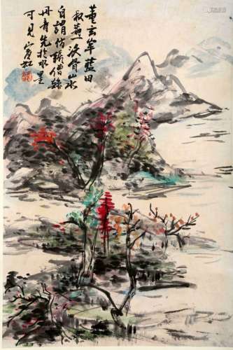 SIGNED HUANG BINHONG (1865-1955). A INK AND COLOR ON PAPER HANGING SCROLL PAINTING. H260.