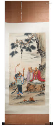 SIGNED CHENG SHAOMEI (1909-1954). A INK AND COLOR ON PAPER HANGING SCROLL PAINTING. H208.