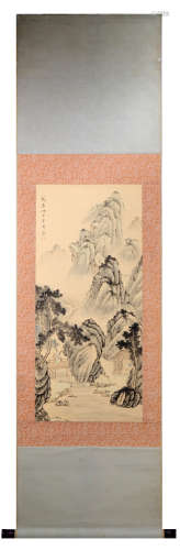 SIGNED DONG SHI. A INK AND COLOR ON PAPER HANGING SCROLL PAINTING. H196