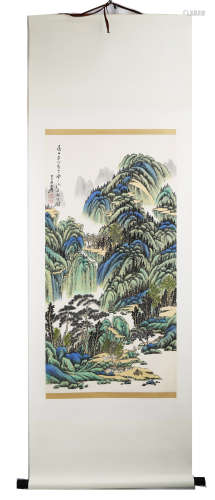ATTRIBUTED AND SIGNED ZHANG DAQIAN (1899-1983). A INK AND COLOR ON PAPER HANGING CROLL PAINTING. H550.
