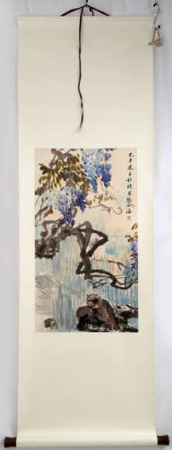 ATTRIBUTED AND SIGNED CHENG ZHANG (1869-1938). A INK AND COLOR ON PAPER HANGING SCROLL PAINTING. H263.