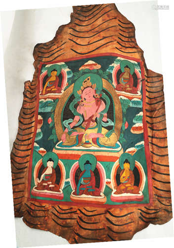 THE THANGKA.COLOR ON A ANIMAL'S SKIN SCROLL PAINTING OF