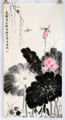 SIGNED LOU SHIBAI (1918-2010). A INK AND COLOR ON PAPER HANGING SCROLL PAINTING.H524.