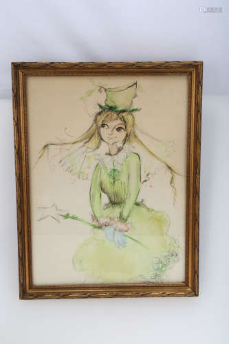 Green Fairy, Watercolor on Paper.FRAMED.OH011.