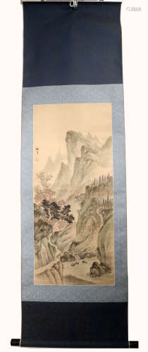 SIGNED QIU YU. A INK AND COLOR ON PAPER HANGING SCROLL PAINTING.H504.