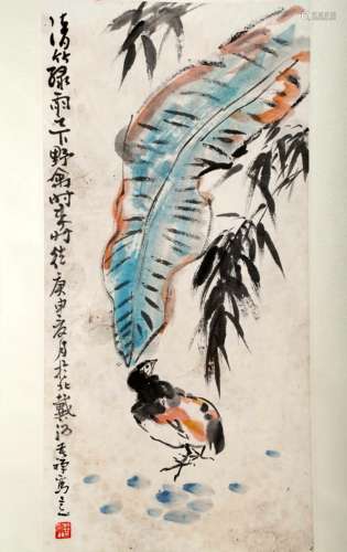 SIGNED LI KUCHAN (1899-1983). A INK AND COLOR ON PAPER HANGING SCROLL PAINTING. H271.