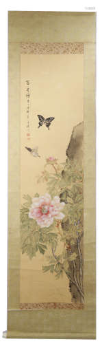 A INK AND COLOR ON PAPER HANGING SCROLL PAINTING. H219