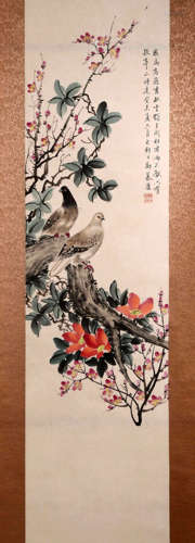 SIGNED ZHENG MUKANG (1901-1982). A INK AND COLOR ON PAPER HANGING SCROLL PAINTING.H279.