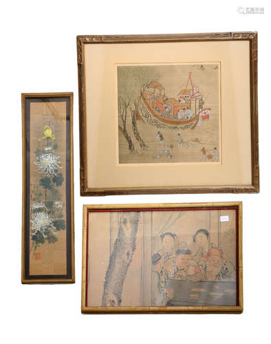 (3)  A SET OF THREE OLD CHINESE PAINTINGS. FRAMED.H239.