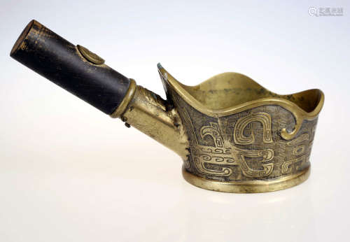 CHINESE BRASS IRON WITH WOOD HANDLE.